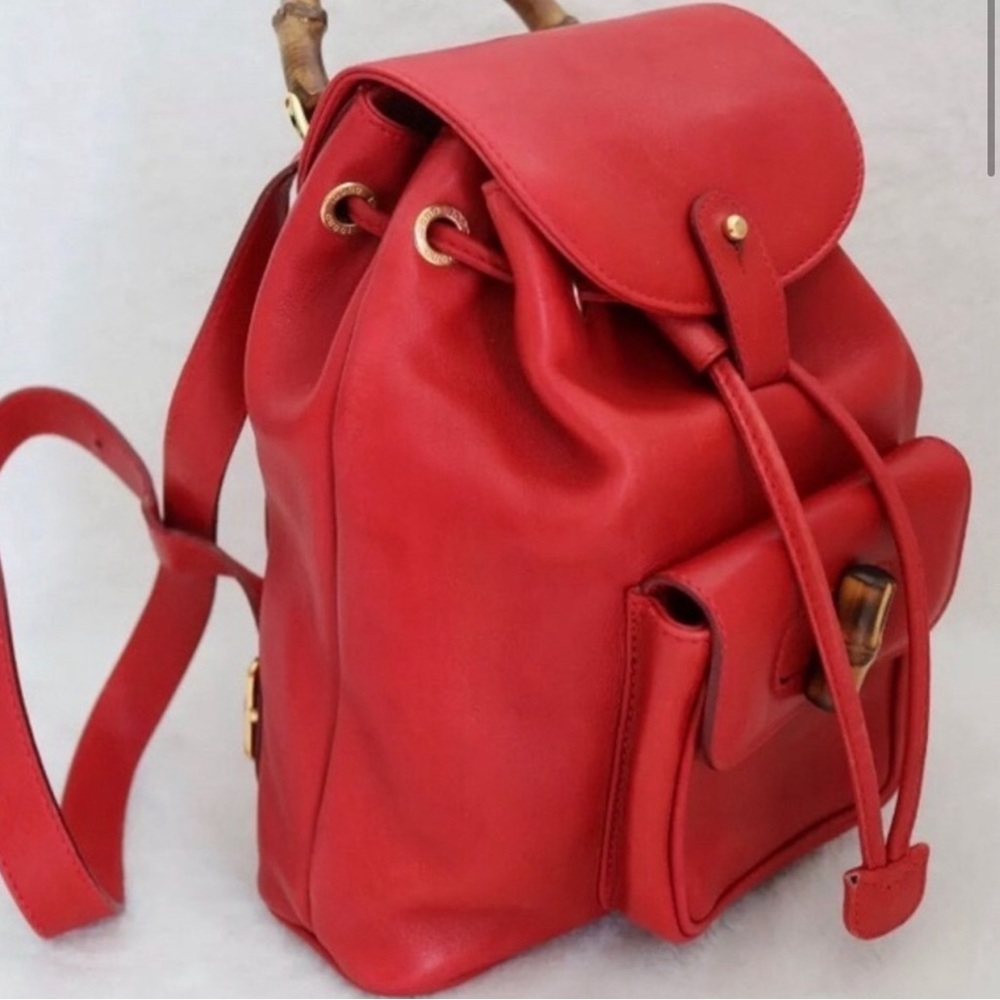 GUCCI Logo Bamboo Mini Leather Backpack Bag, Red